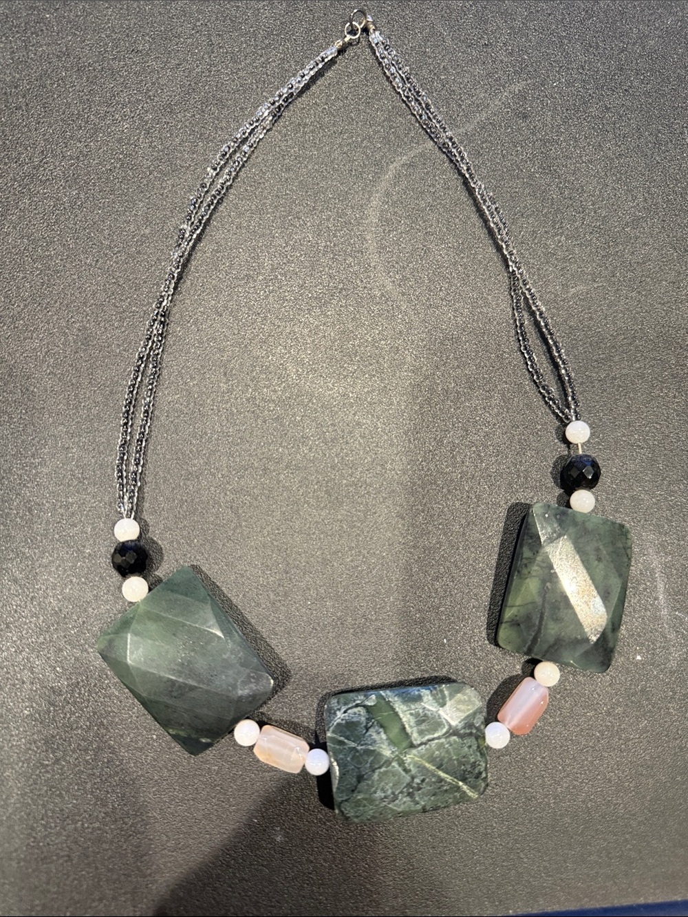 Green Jasper Statement Necklace with Black & Pink Accents